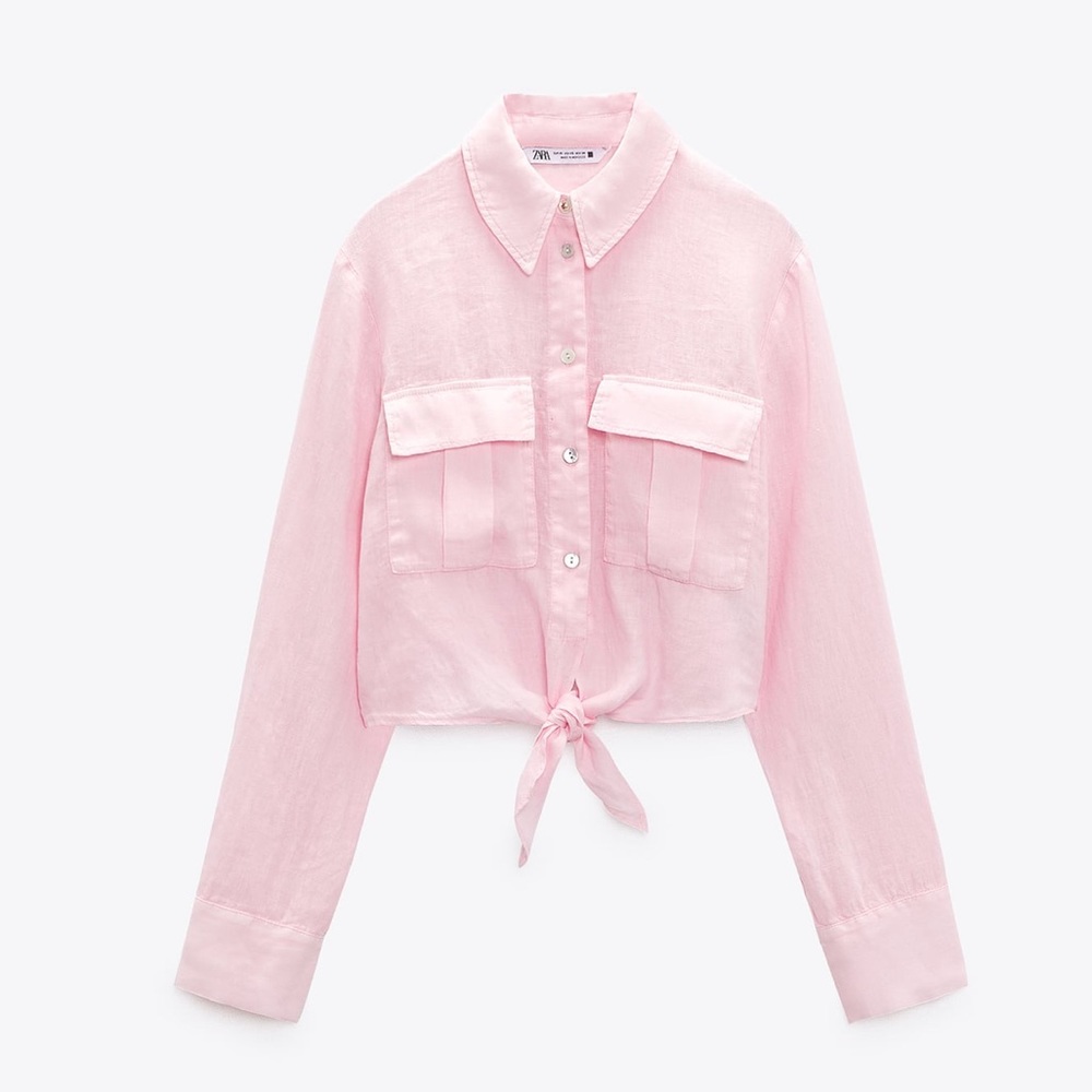 Zara cropped pink button down linen top